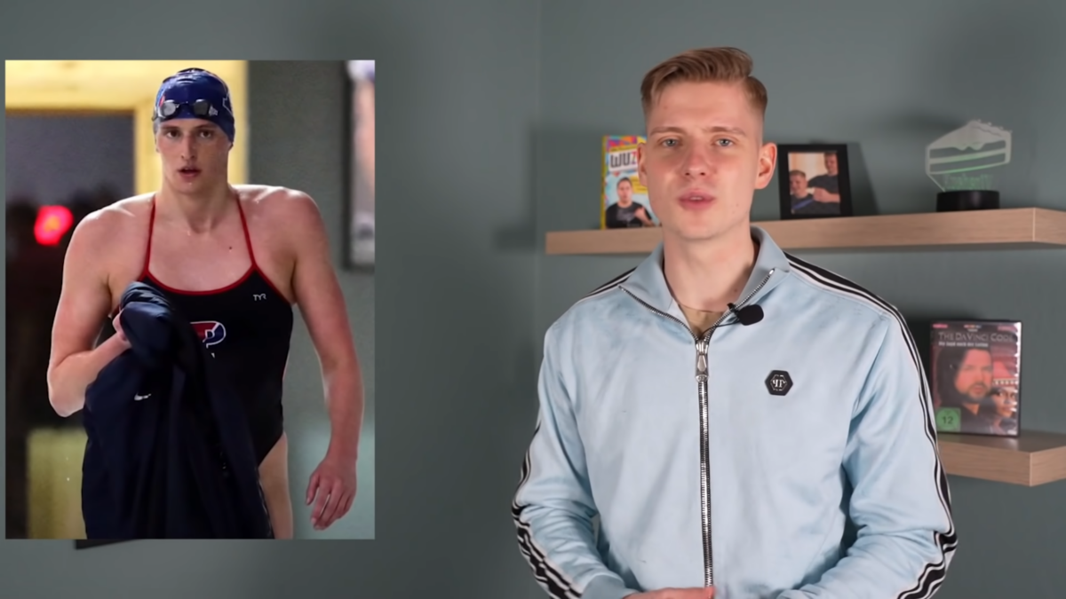 Ein Bild von Lia Thomas in Schwimmbekleidung in einem KuchenTV Video, rechts im Bild ist KuchenTV.