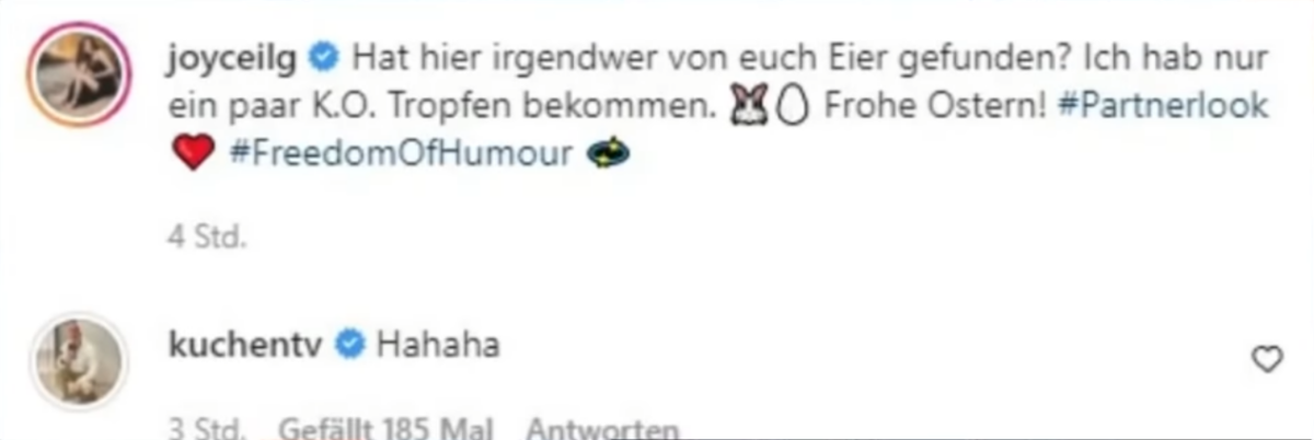 Post von joyceilg "Hat hier irgendwer von euch Eier gefunden? Ich hab nur ein paar K.O. Tropfen bekommen. ☑ Frohe Ostern! #Partnerlook #FreedomOfHumour" KuchenTV Kommentar "Hahaha".