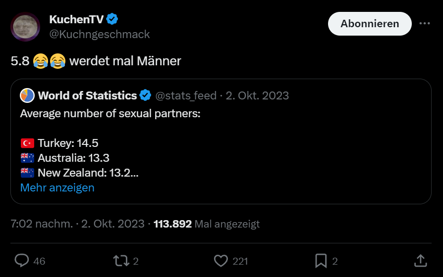 KuchenTV Quote Tweet "5.8 werdet mal Männer" darunter ein Tweet von World of Statistics "Average Number of sexual partners: Turkey 14.5 Australia 13.3 New Zealand 13.2 Mehr anzeigen"