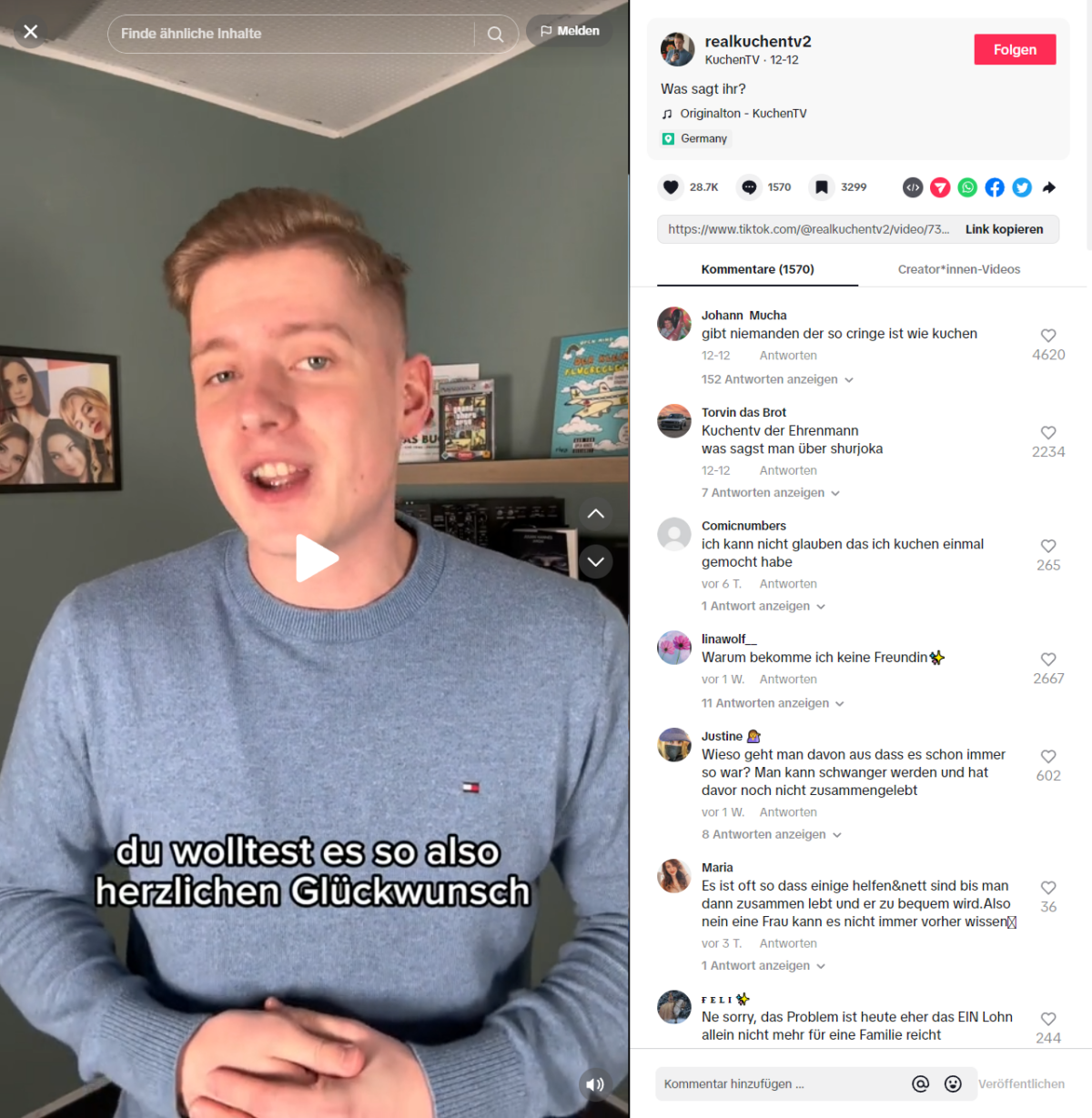 TikTok von KuchenTV. Im Standbild des Videos sieht man Kuchen mit dem Text "du wolltest es also herzlichen Glückwunsch". Überschrieben ist das Video mit "Was sagt ihr?"