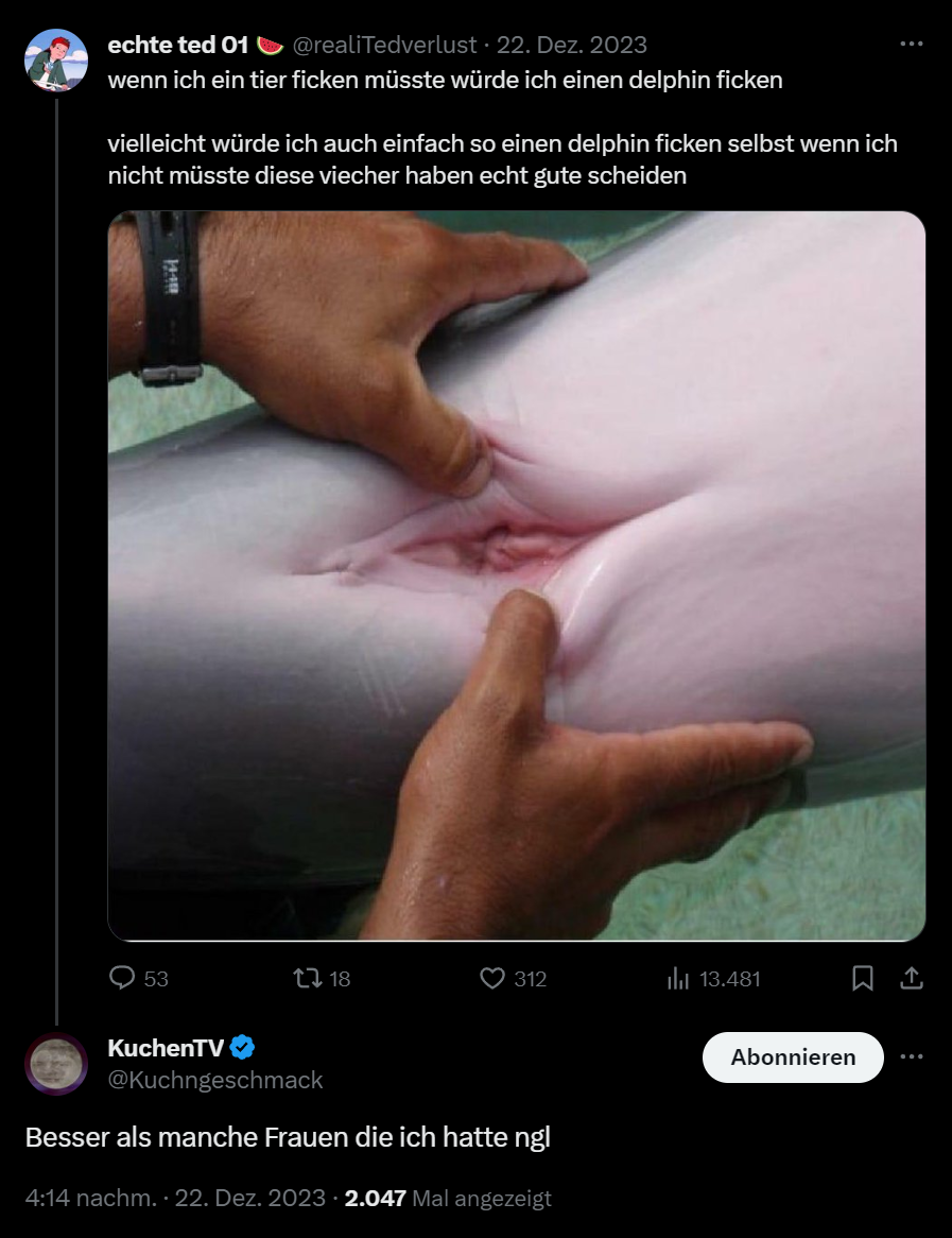 Tweet von echte Ted 01 "wenn ich ein tier ficken müsste würde ich einen delphin ficken vielleicht würde ich auch einfach so einen delphin ficken selbst wenn ich nicht müsste diese viecher haben echt gute scheiden" darunter ein Bild von einer Delphin Vulva. KuchenTV antwortet darauf mit "Besser als manche Frauen die ich hatte ngl"