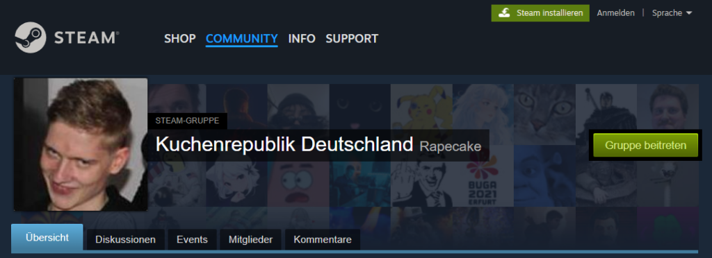 Steam Gruppe mit dem Namen Kuchenrepublik Deutschland der tag ist RapeCake. KuchenTVs Gesicht als Gruppenbild.