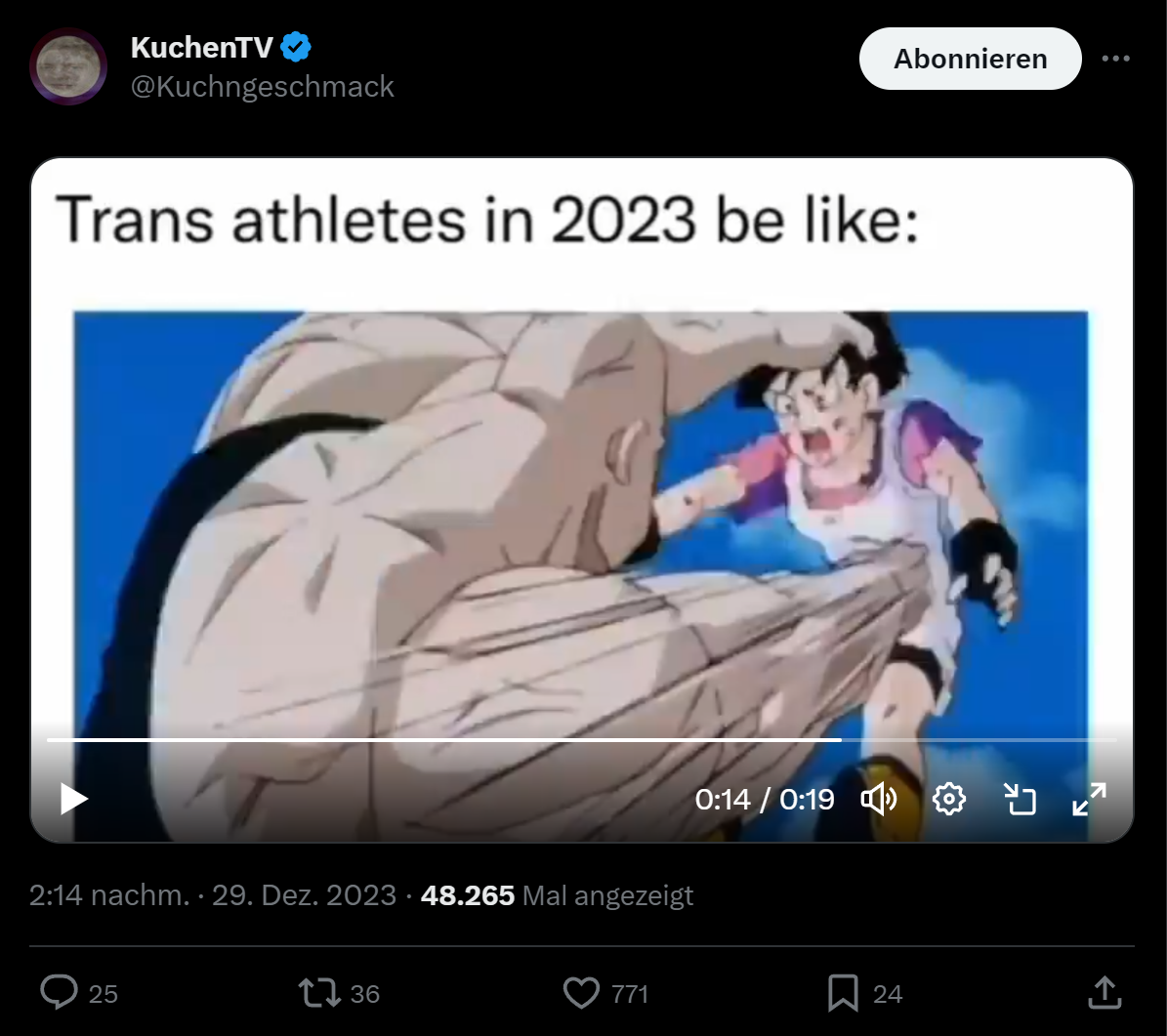 KuchenTV Tweet Angehaltenes Video mit dem Titel "Trans athletes in 2023 be like" in dem Video ist zu sehen wie eine muskulöse Figur körperliche Gewalt gegen eine als klein und schwach dargestellte Figur ausübt.